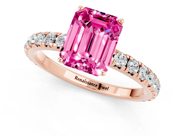 Rose gold Emerald Cut Pink Sapphire Pavé Solitaire Engagement Ring with Four-Prong Setting