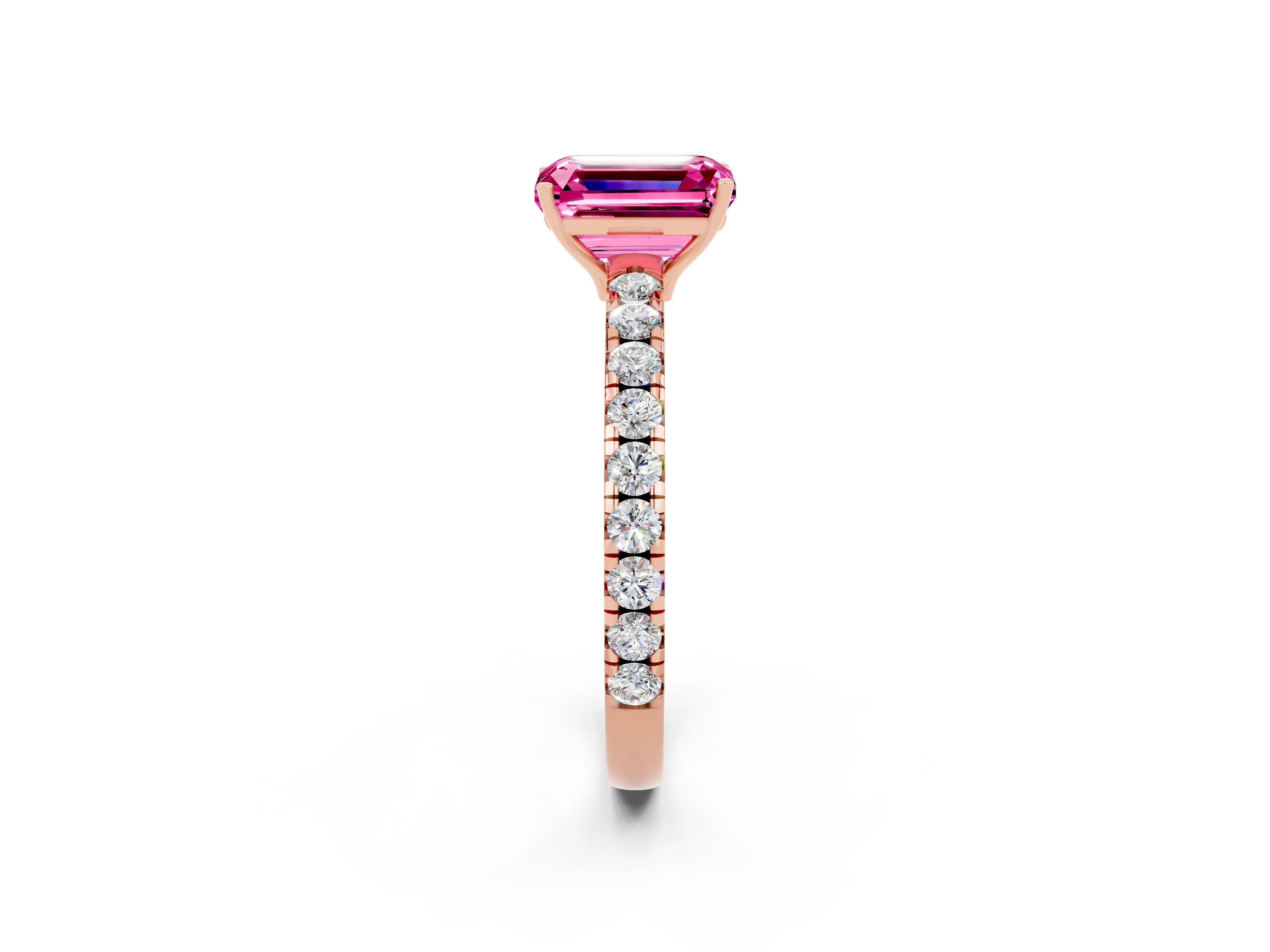 Rose gold Emerald Cut Pink Sapphire Pavé Solitaire Engagement Ring with Four-Prong Setting_14