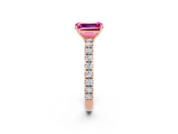 Rose gold Emerald Cut Pink Sapphire Pavé Solitaire Engagement Ring with Four-Prong Setting