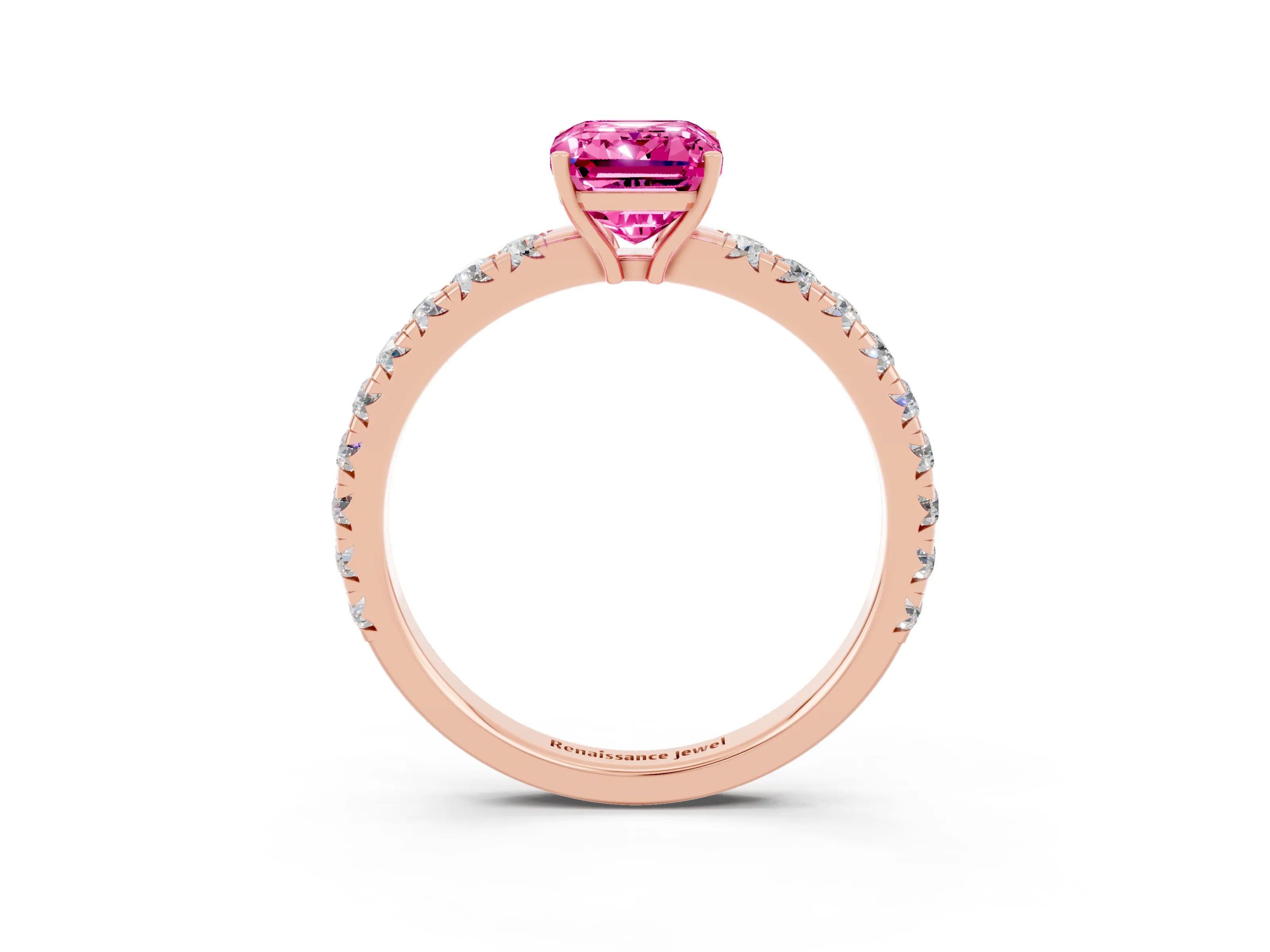 Rose gold Emerald Cut Pink Sapphire Pavé Solitaire Engagement Ring with Four-Prong Setting_15