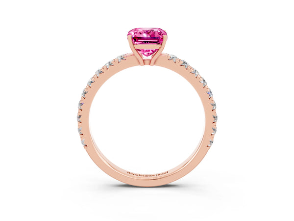 Rose gold Emerald Cut Pink Sapphire Pavé Solitaire Engagement Ring with Four-Prong Setting
