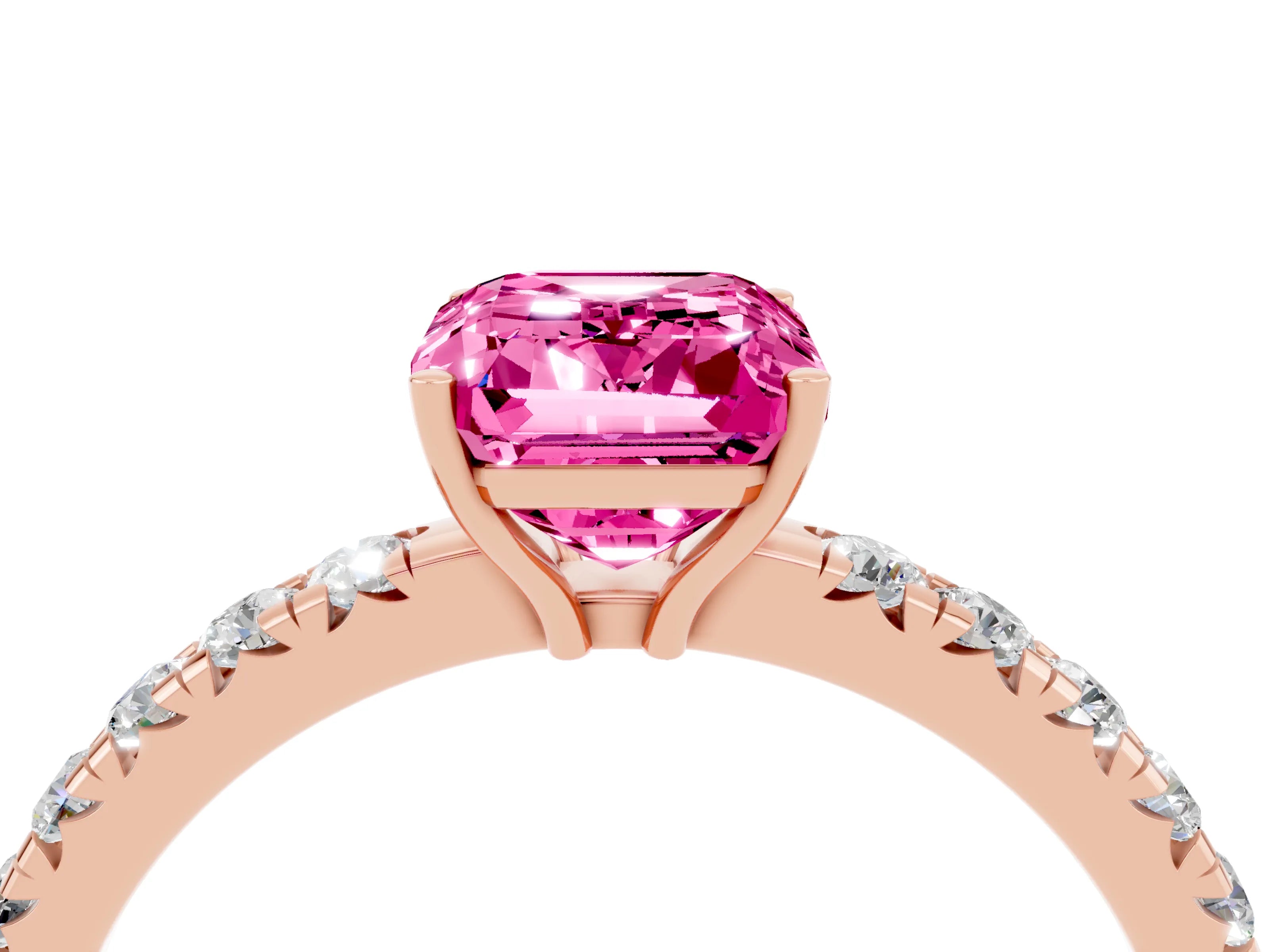 Rose gold Emerald Cut Pink Sapphire Pavé Solitaire Engagement Ring with Four-Prong Setting_16