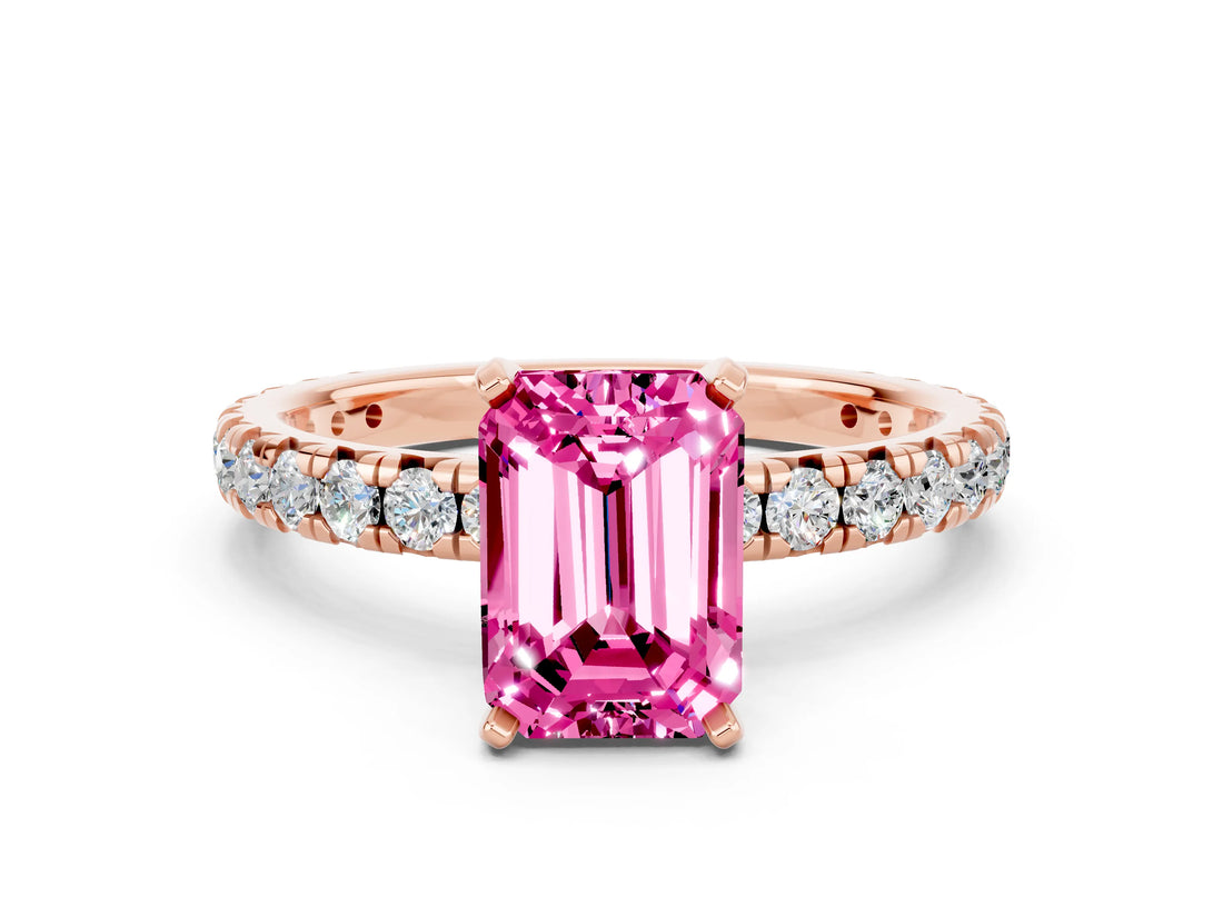 Rose gold Emerald Cut Pink Sapphire Pavé Solitaire Ring with Round Band and Prong Setting_12