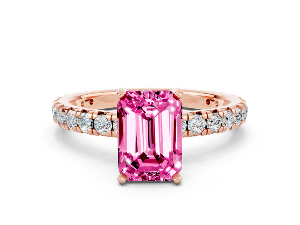 Rose gold Emerald Cut Pink Sapphire Pavé Solitaire Ring with Round Band and Prong Setting