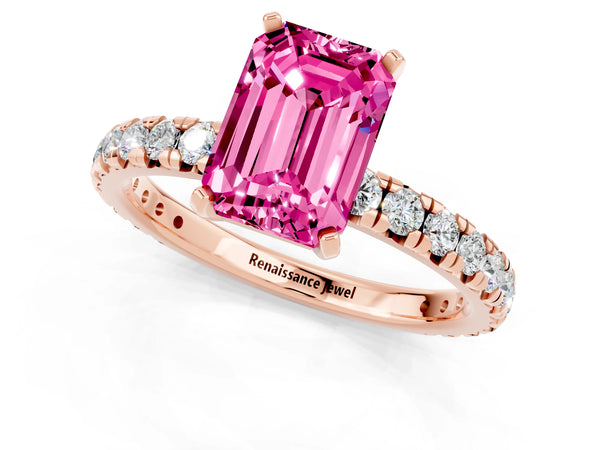 Rose gold Emerald Cut Pink Sapphire Pavé Solitaire Ring with Round Band and Prong Setting