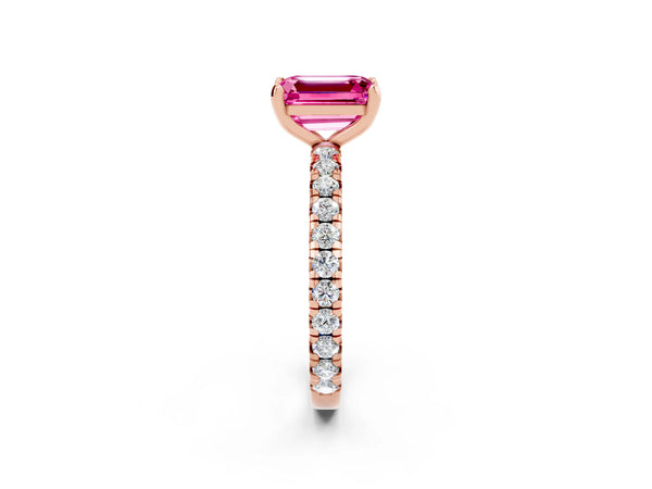 Rose gold Emerald Cut Pink Sapphire Pavé Solitaire Ring with Round Band and Prong Setting