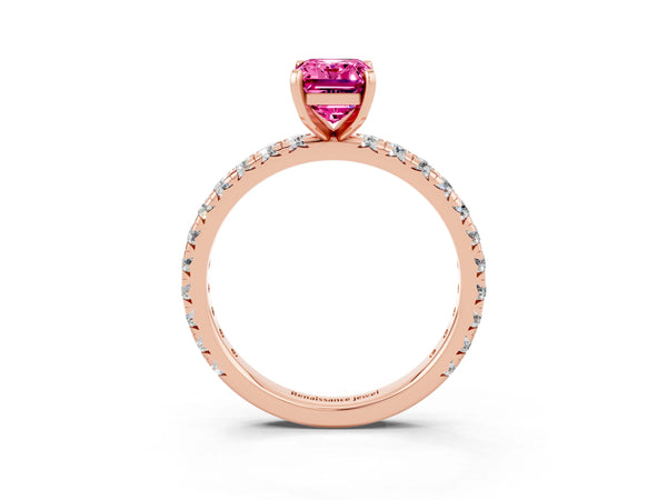 Rose gold Emerald Cut Pink Sapphire Pavé Solitaire Ring with Round Band and Prong Setting
