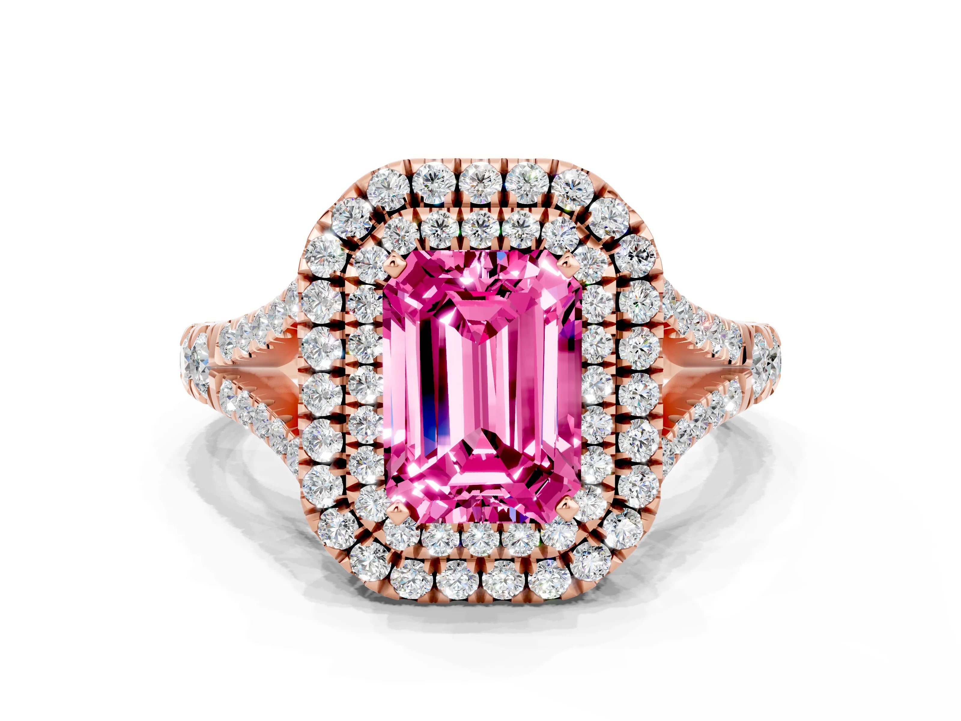 Rose gold Emerald Cut Pink Sapphire Pavé Split Shank Double Halo Engagement Ring