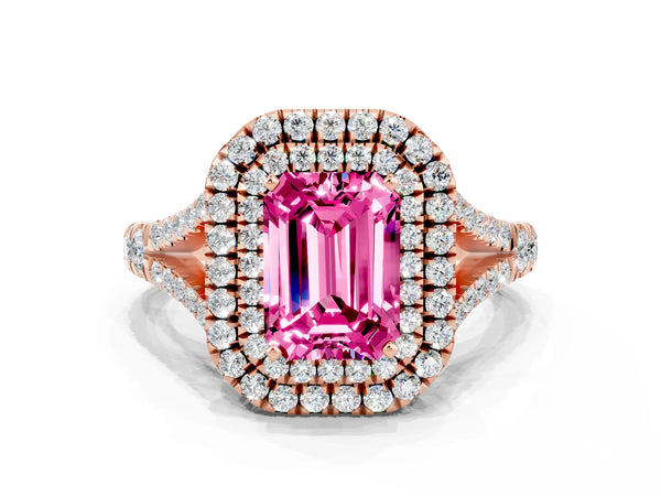 Rose gold Emerald Cut Pink Sapphire Pavé Split Shank Double Halo Engagement Ring