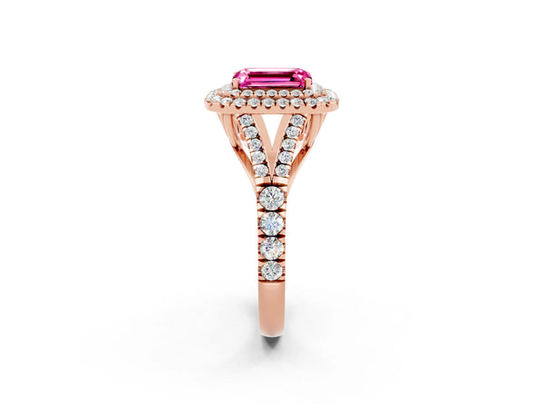 Rose gold Emerald Cut Pink Sapphire Pavé Split Shank Double Halo Engagement Ring