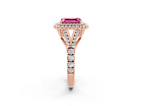 Rose gold Emerald Cut Pink Sapphire Pavé Split Shank Double Halo Engagement Ring_2