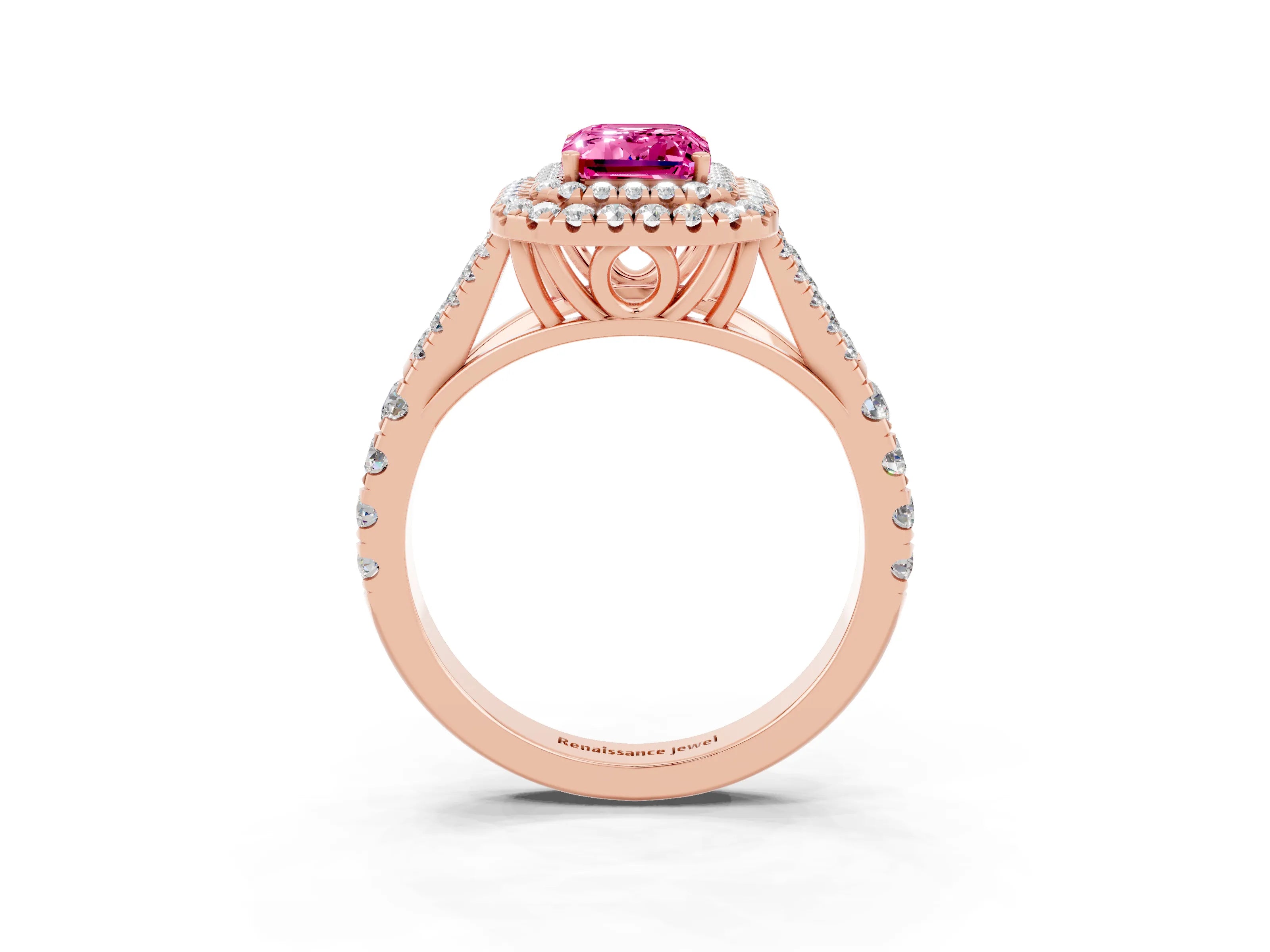 Rose gold Emerald Cut Pink Sapphire Pavé Split Shank Double Halo Engagement Ring_3
