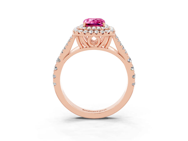 Rose gold Emerald Cut Pink Sapphire Pavé Split Shank Double Halo Engagement Ring