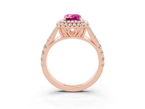 Rose gold Emerald Cut Pink Sapphire Pavé Split Shank Double Halo Engagement Ring_3