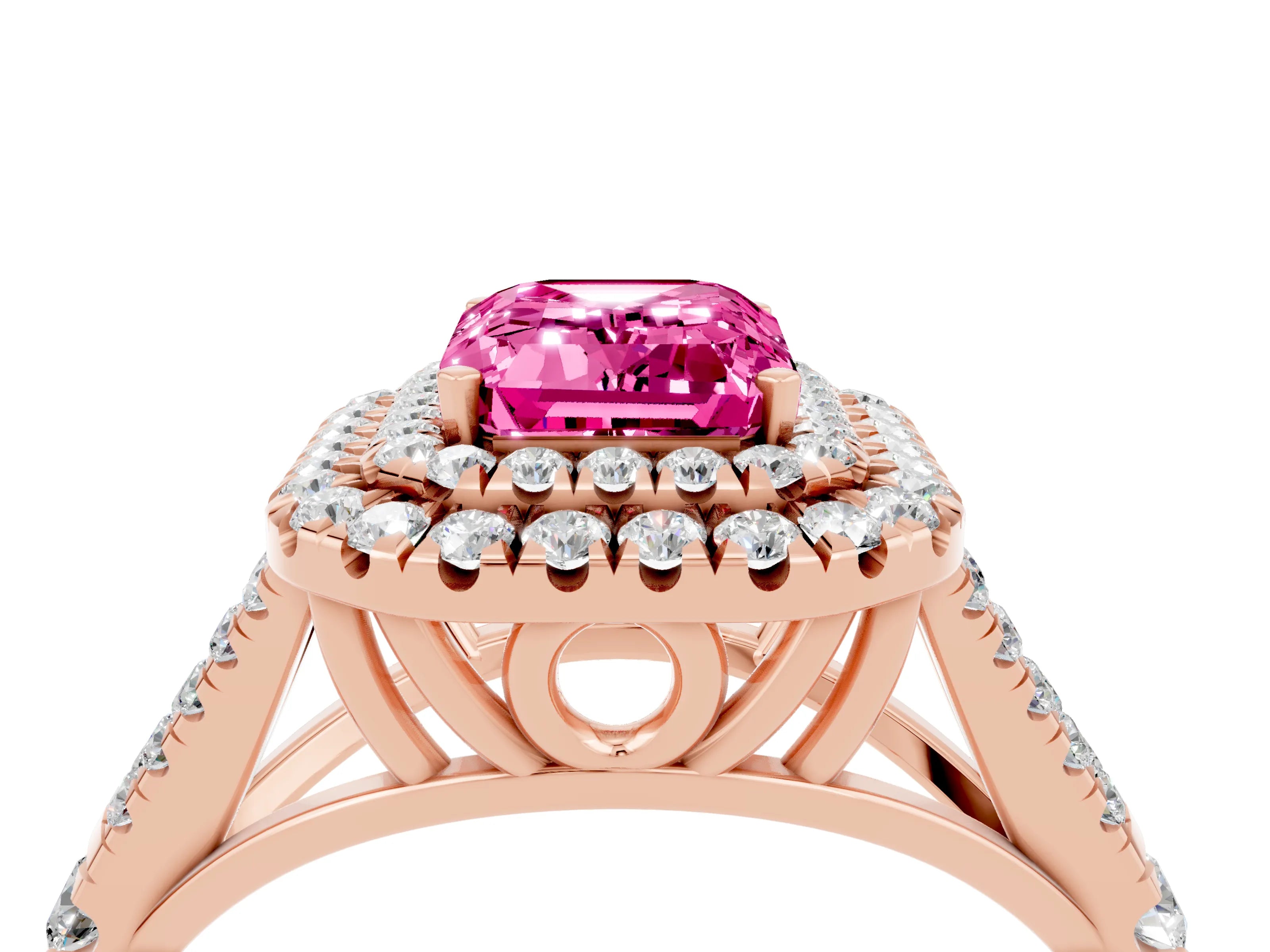 Rose gold Emerald Cut Pink Sapphire Pavé Split Shank Double Halo Engagement Ring_4