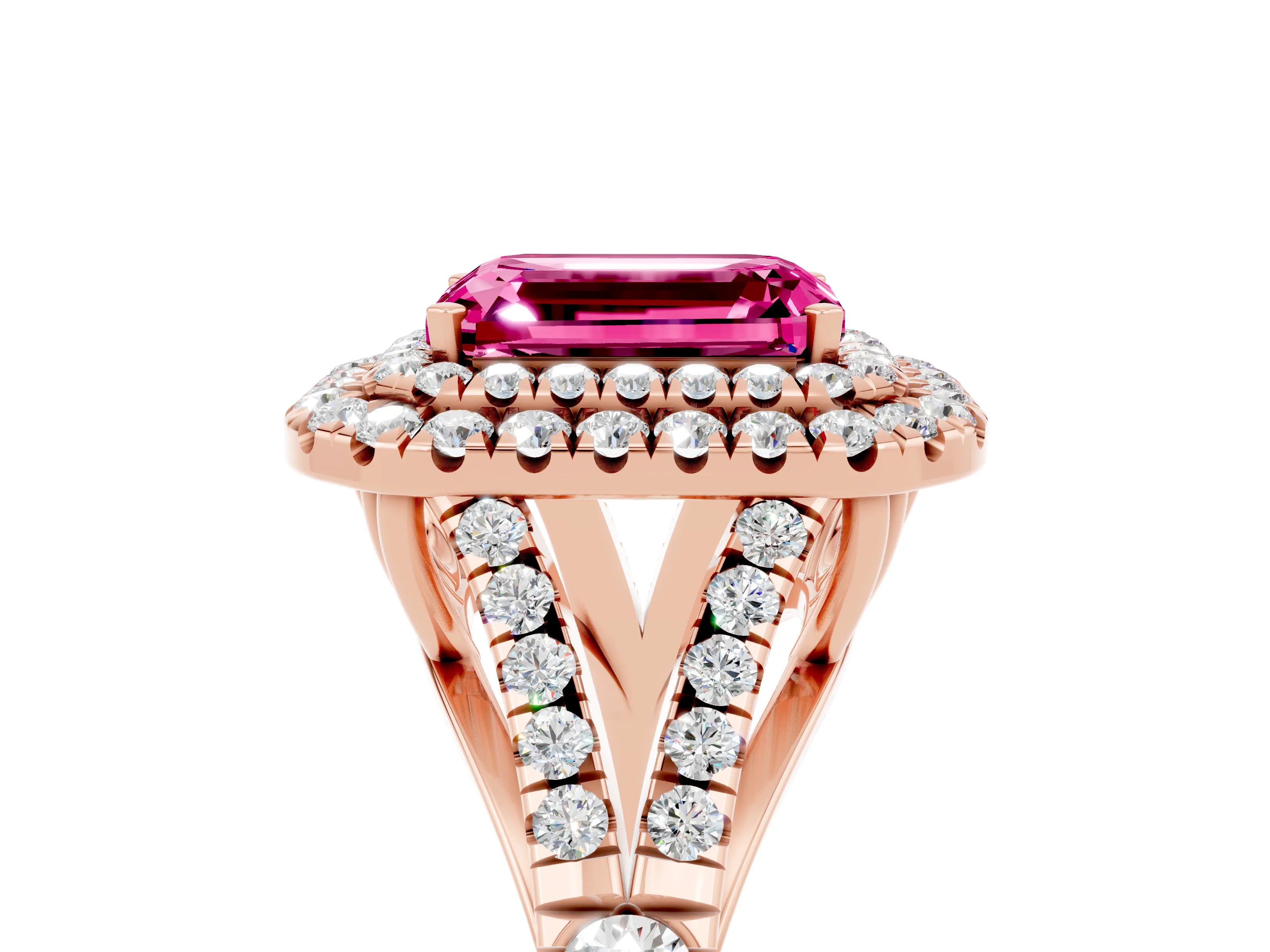 Rose gold Emerald Cut Pink Sapphire Pavé Split Shank Double Halo Engagement Ring_5