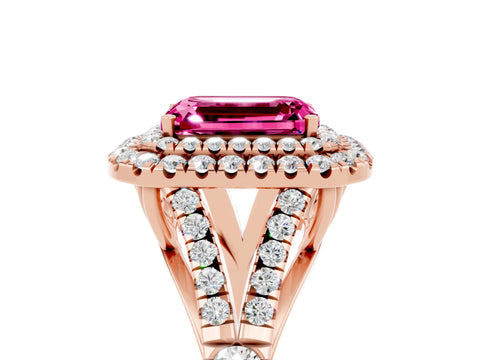 Rose gold Emerald Cut Pink Sapphire Pavé Split Shank Double Halo Engagement Ring_5