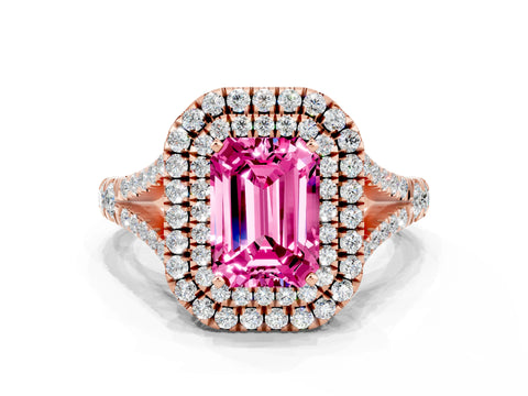 Rose gold Emerald Cut Pink Sapphire Pavé Split Shank Double Halo Engagement Ring