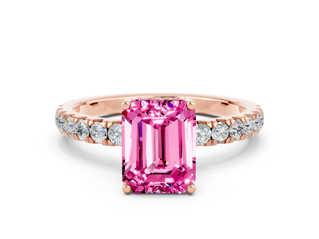 Rose gold Emerald Cut Pink Sapphire Pave Band Solitaire Ring with Four-Prong Setting_60
