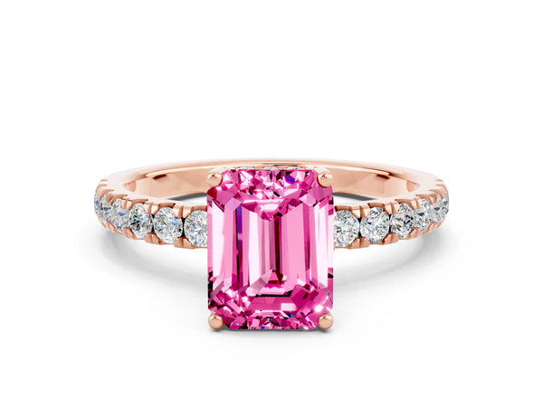 Rose gold Emerald Cut Pink Sapphire Pave Band Solitaire Ring with Round  and Prong Setting