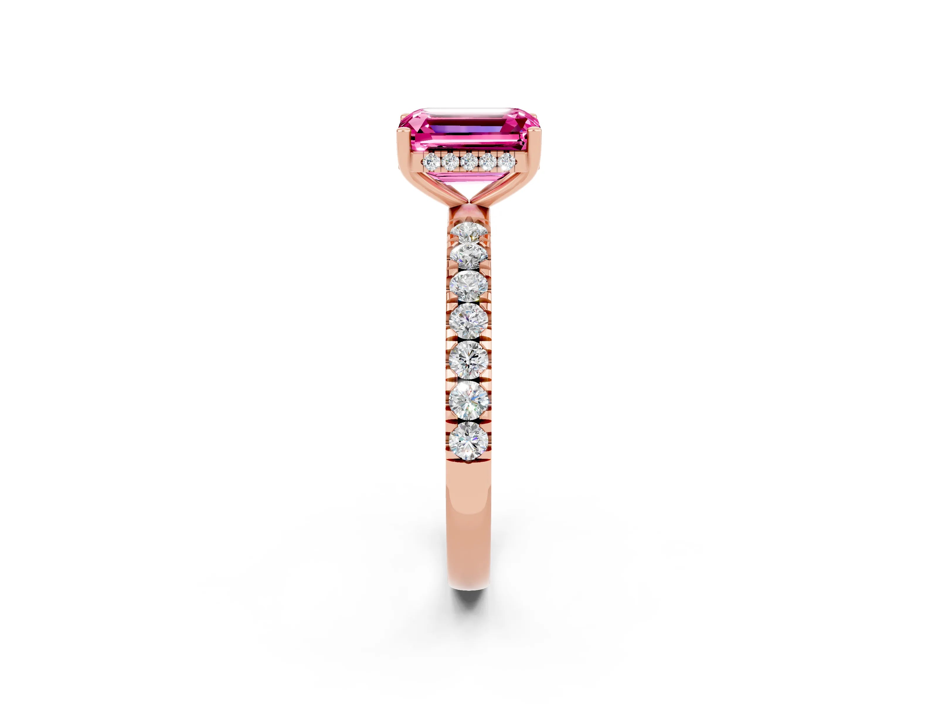 Rose gold Emerald Cut Pink Sapphire Pave Band Solitaire Ring with Four-Prong Setting_62