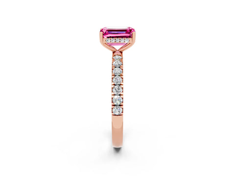 Rose gold Emerald Cut Pink Sapphire Pave Band Solitaire Ring with Four-Prong Setting_62