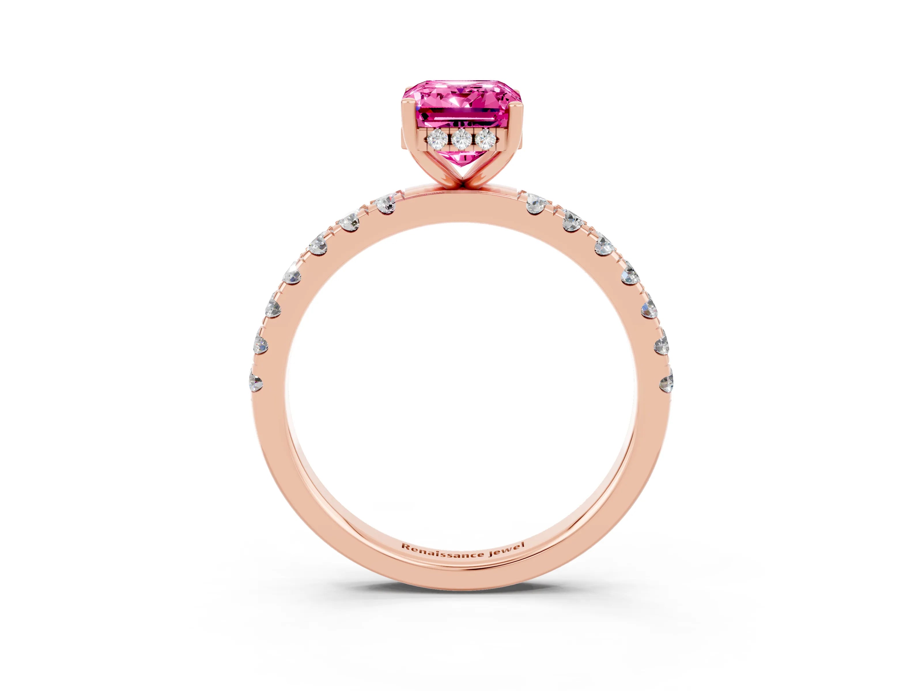Rose gold Emerald Cut Pink Sapphire Pave Band Solitaire Ring with Four-Prong Setting_63