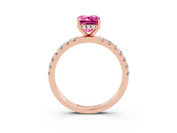 Rose gold Emerald Cut Pink Sapphire Pave Band Solitaire Ring with Round  and Prong Setting