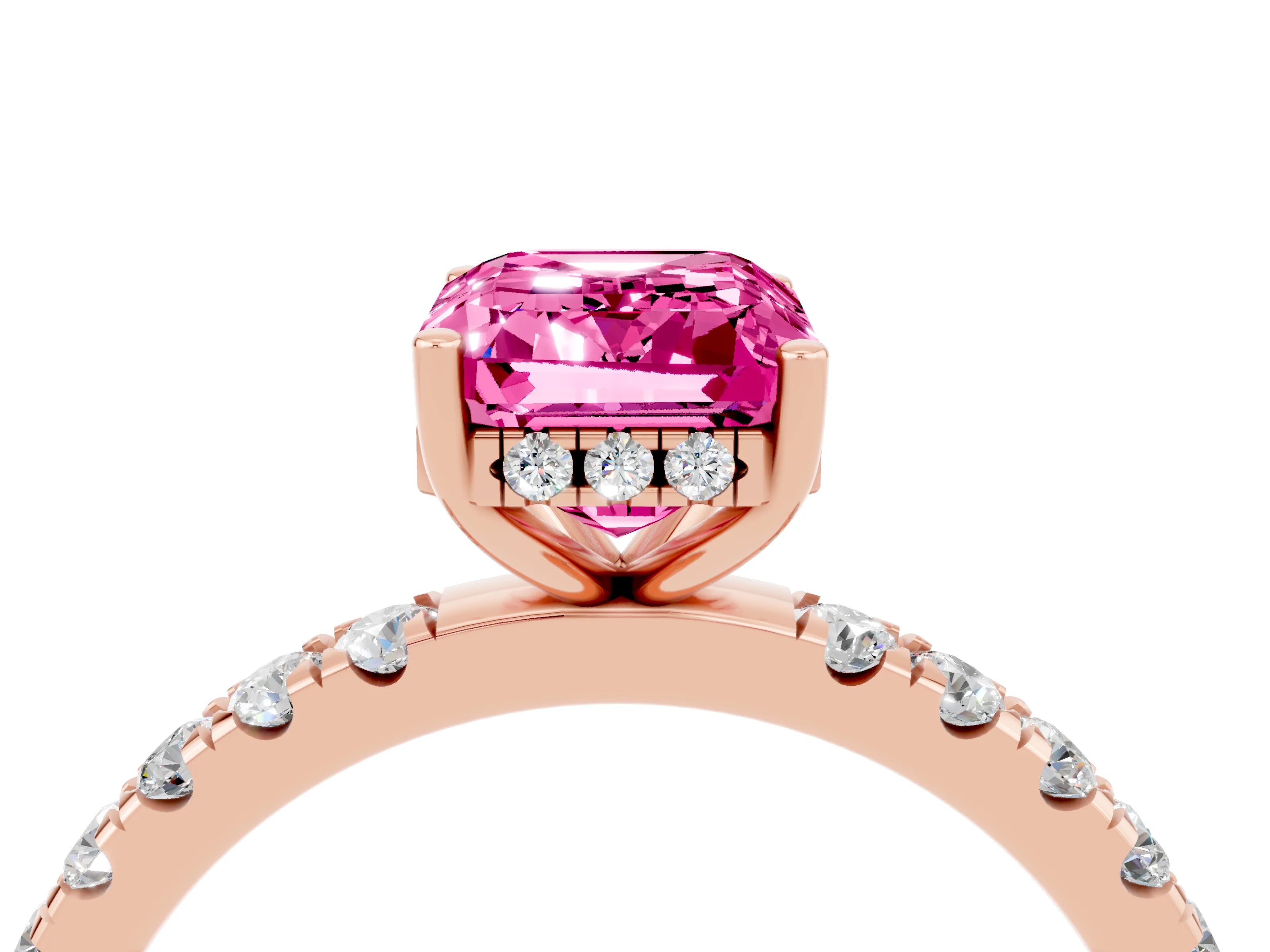 Rose gold Emerald Cut Pink Sapphire Pave Band Solitaire Ring with Four-Prong Setting_64