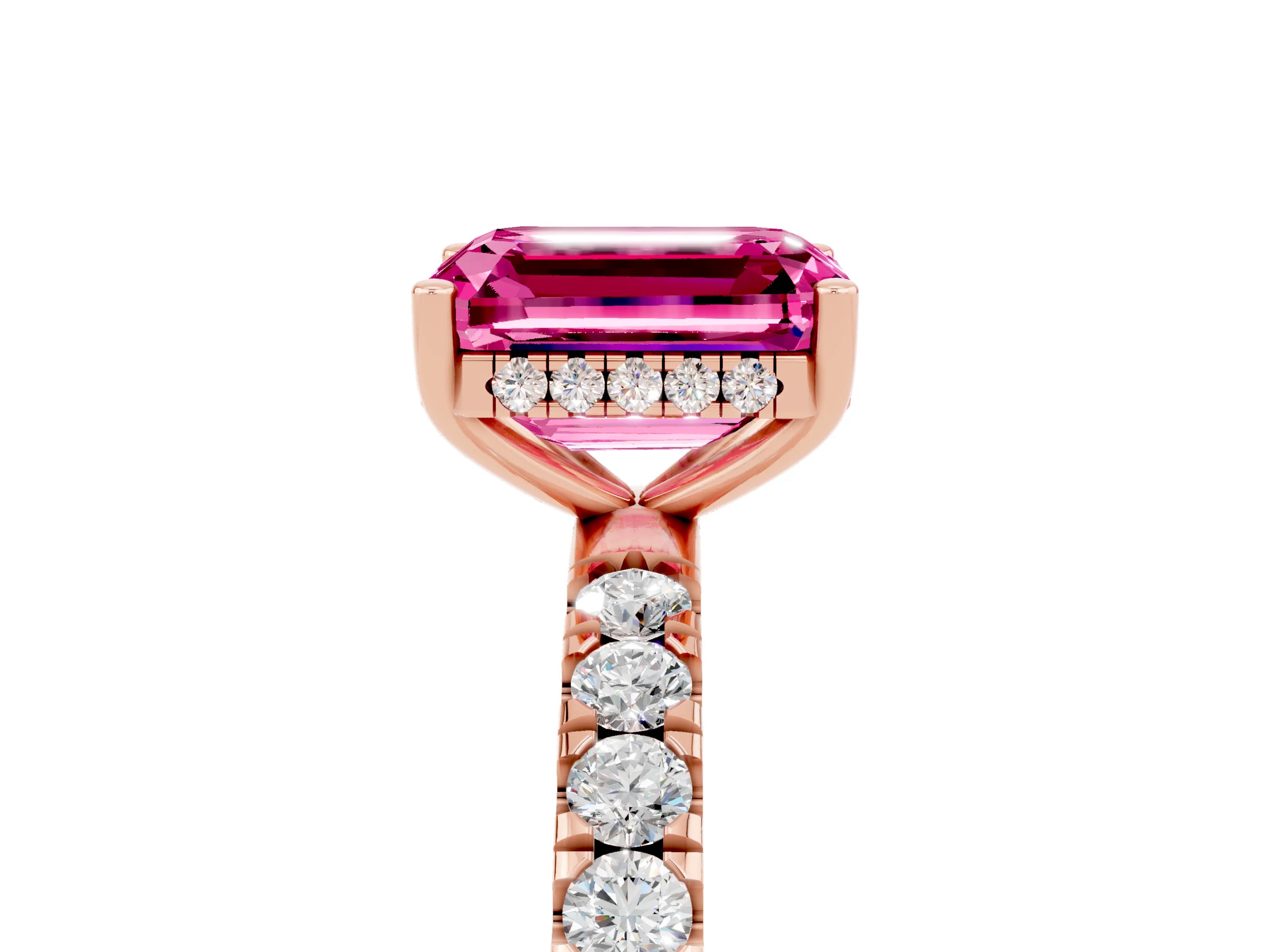 Rose gold Emerald Cut Pink Sapphire Pave Band Solitaire Ring with Four-Prong Setting_65