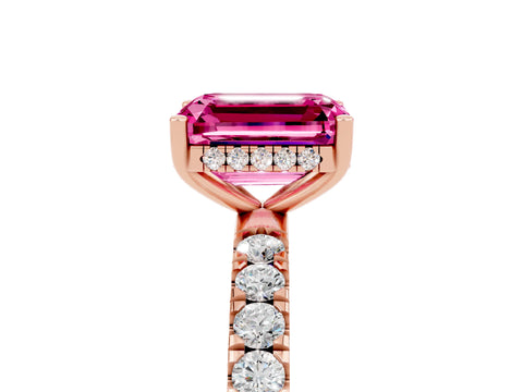 Rose gold Emerald Cut Pink Sapphire Pave Band Solitaire Ring with Four-Prong Setting_65