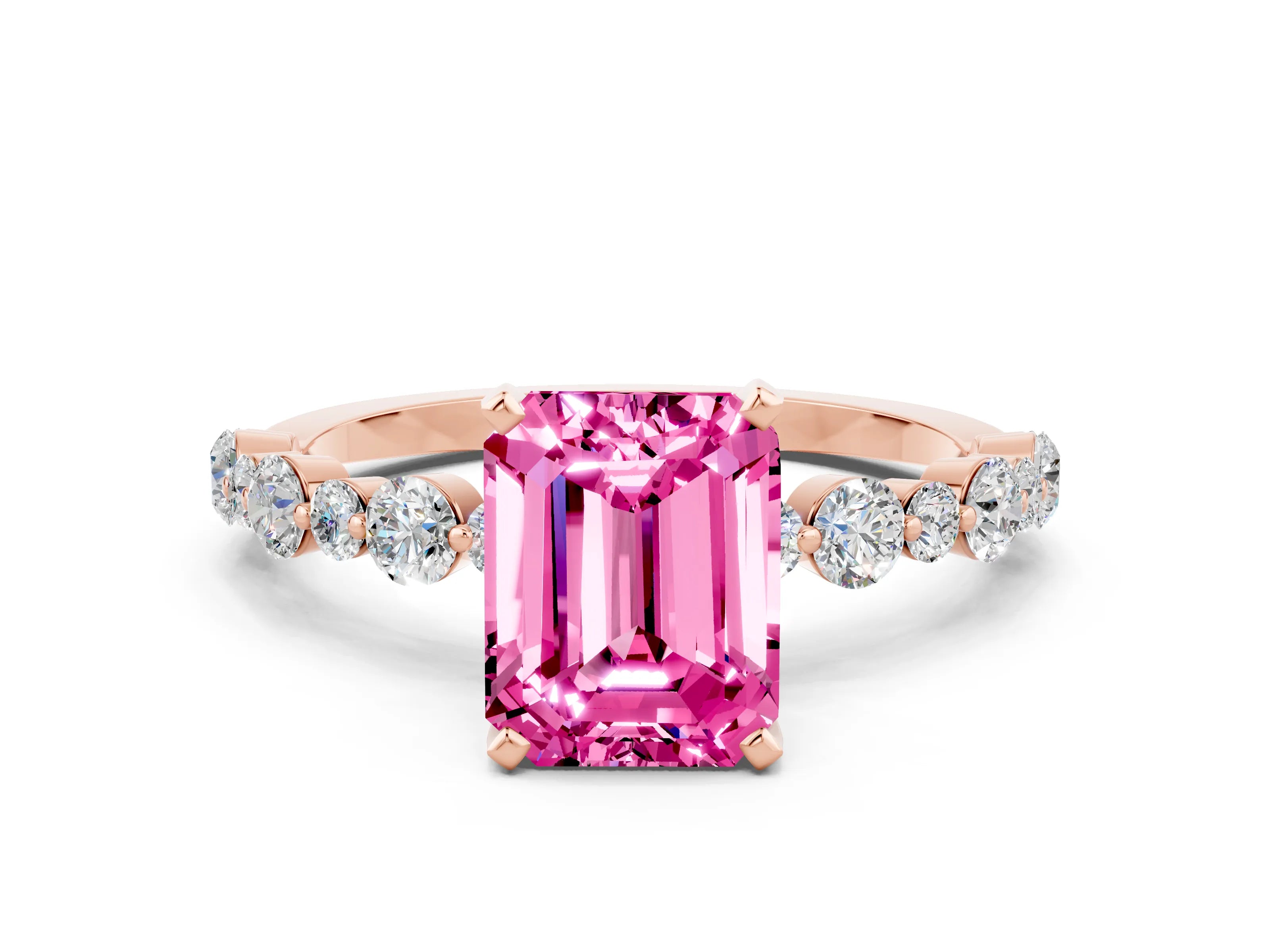 Rose gold Emerald Cut Pink Sapphire Prong Set Engagement Ring with Pavé Band_12