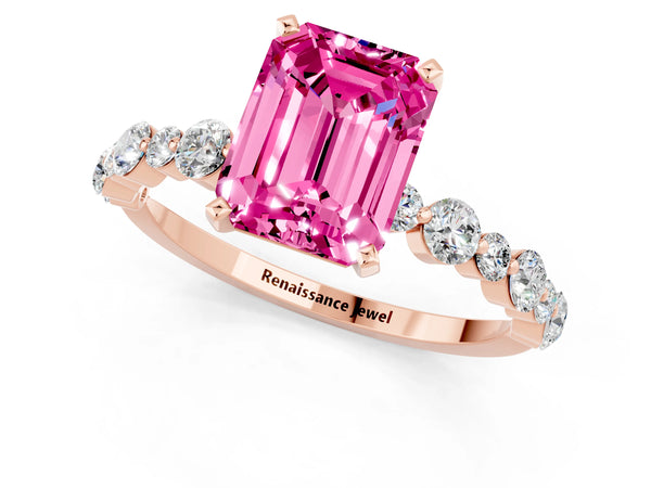 Rose gold Emerald Cut Pink Sapphire Prong Set Engagement Ring with Pavé Band