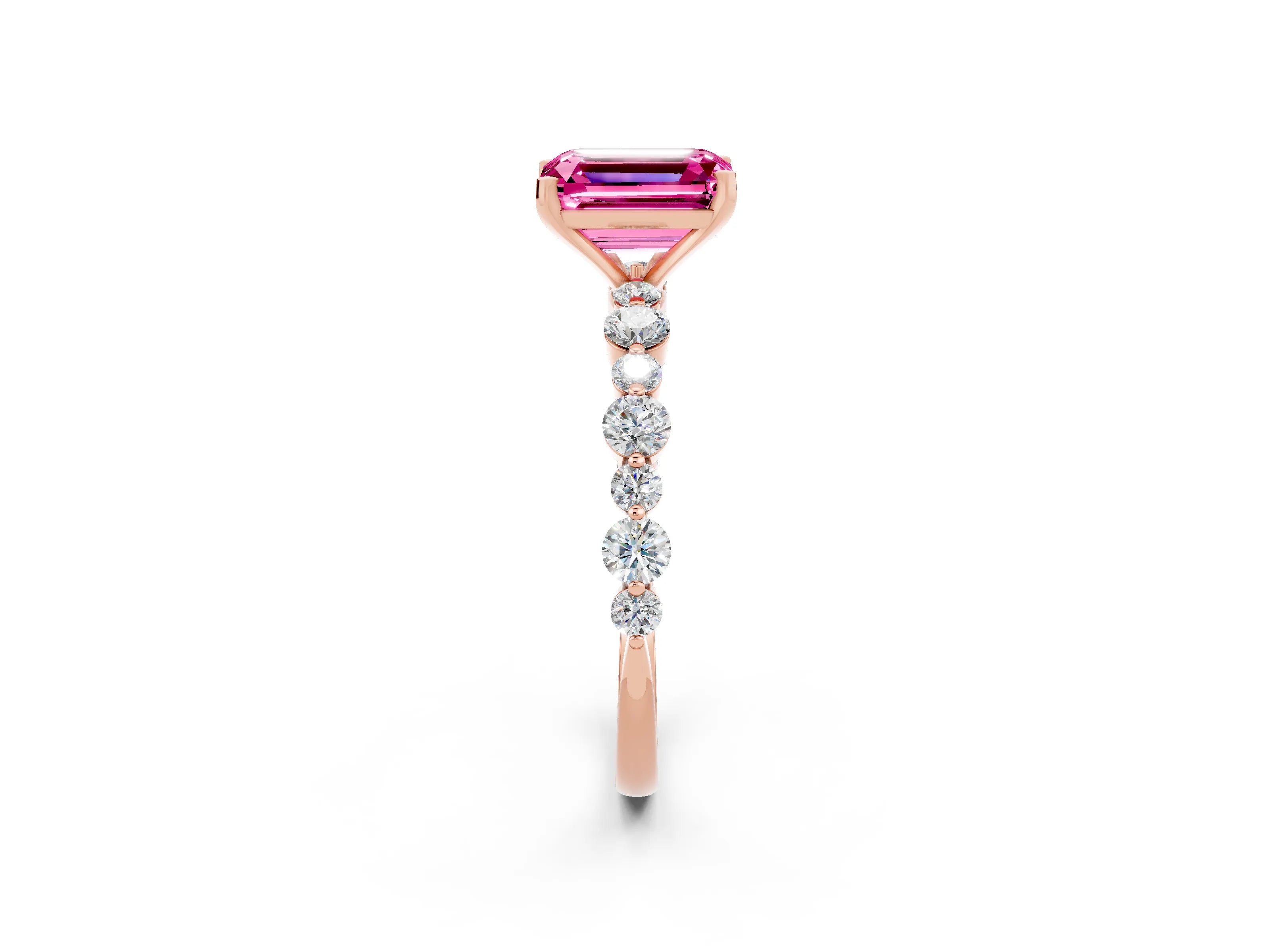 Rose gold Emerald Cut Pink Sapphire Prong Set Engagement Ring with Pavé Band_14
