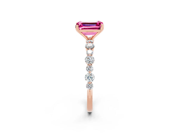 Rose gold Emerald Cut Pink Sapphire Prong Set Engagement Ring with Pavé Band