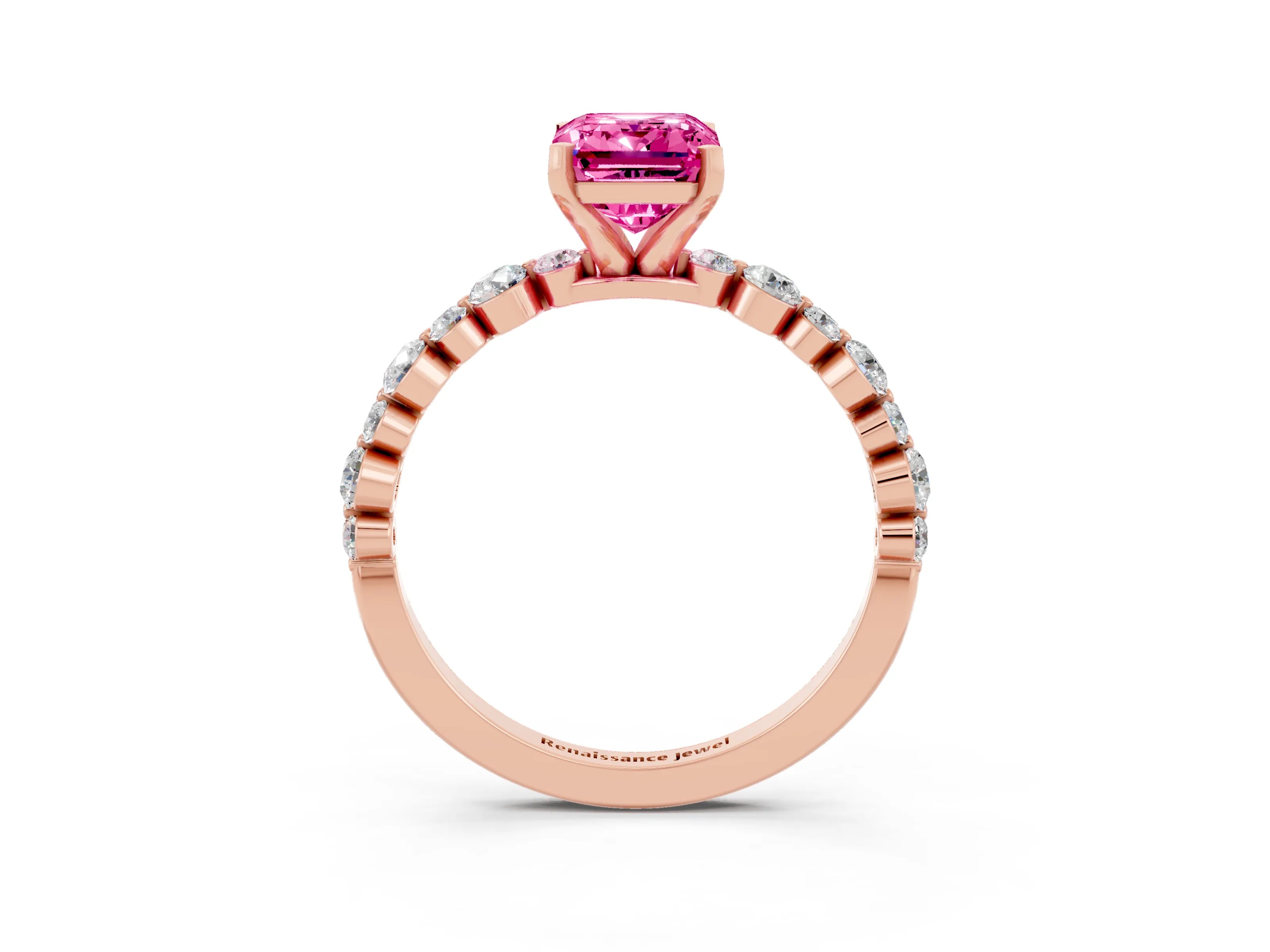 Rose gold Emerald Cut Pink Sapphire Prong Set Engagement Ring with Pavé Band_15