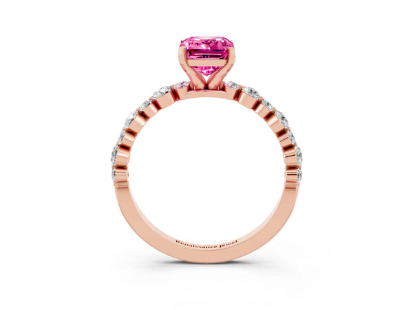 Rose gold Emerald Cut Pink Sapphire Prong Set Engagement Ring with Pavé Band