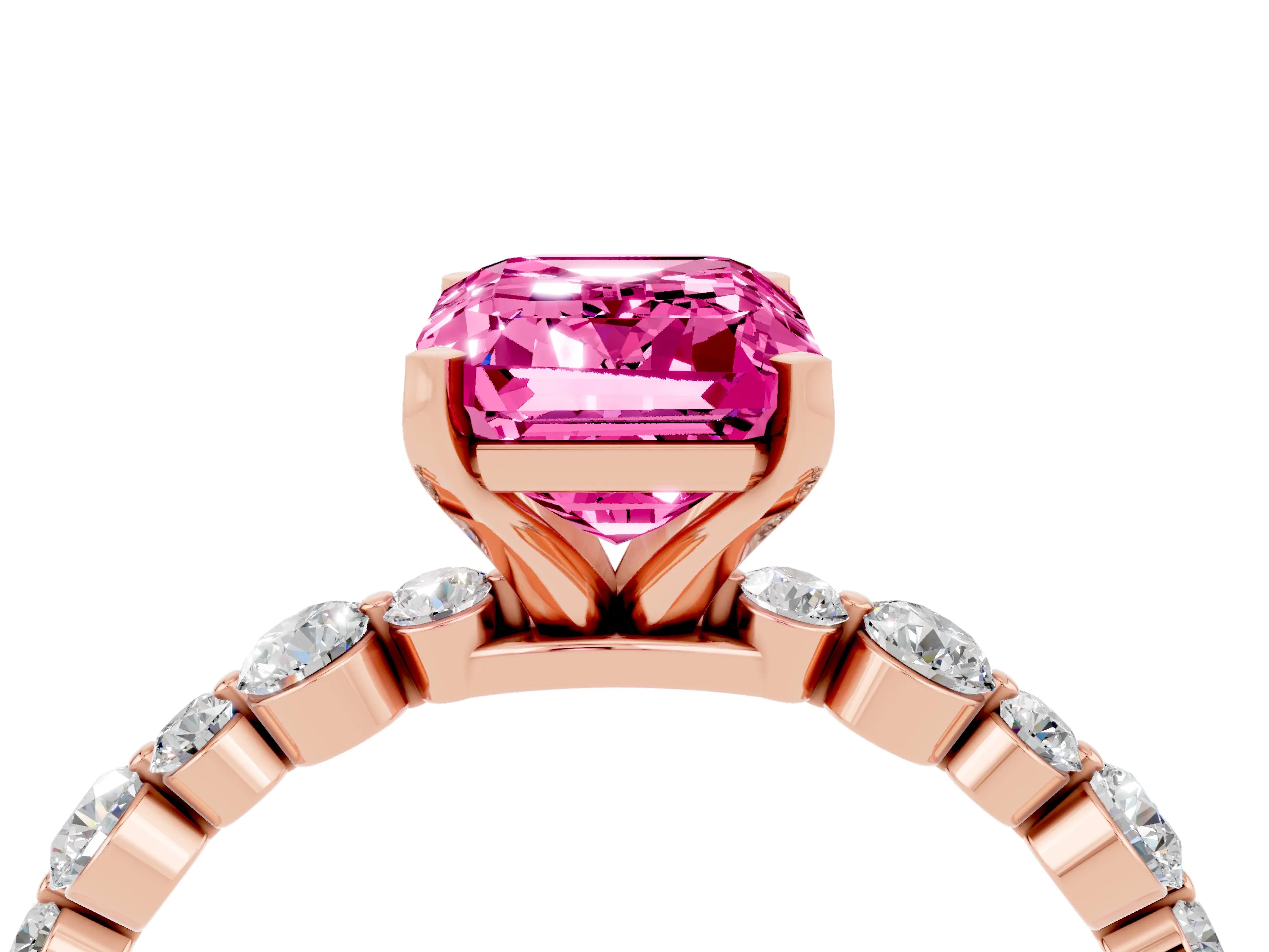 Rose gold Emerald Cut Pink Sapphire Prong Set Engagement Ring with Pavé Band_16