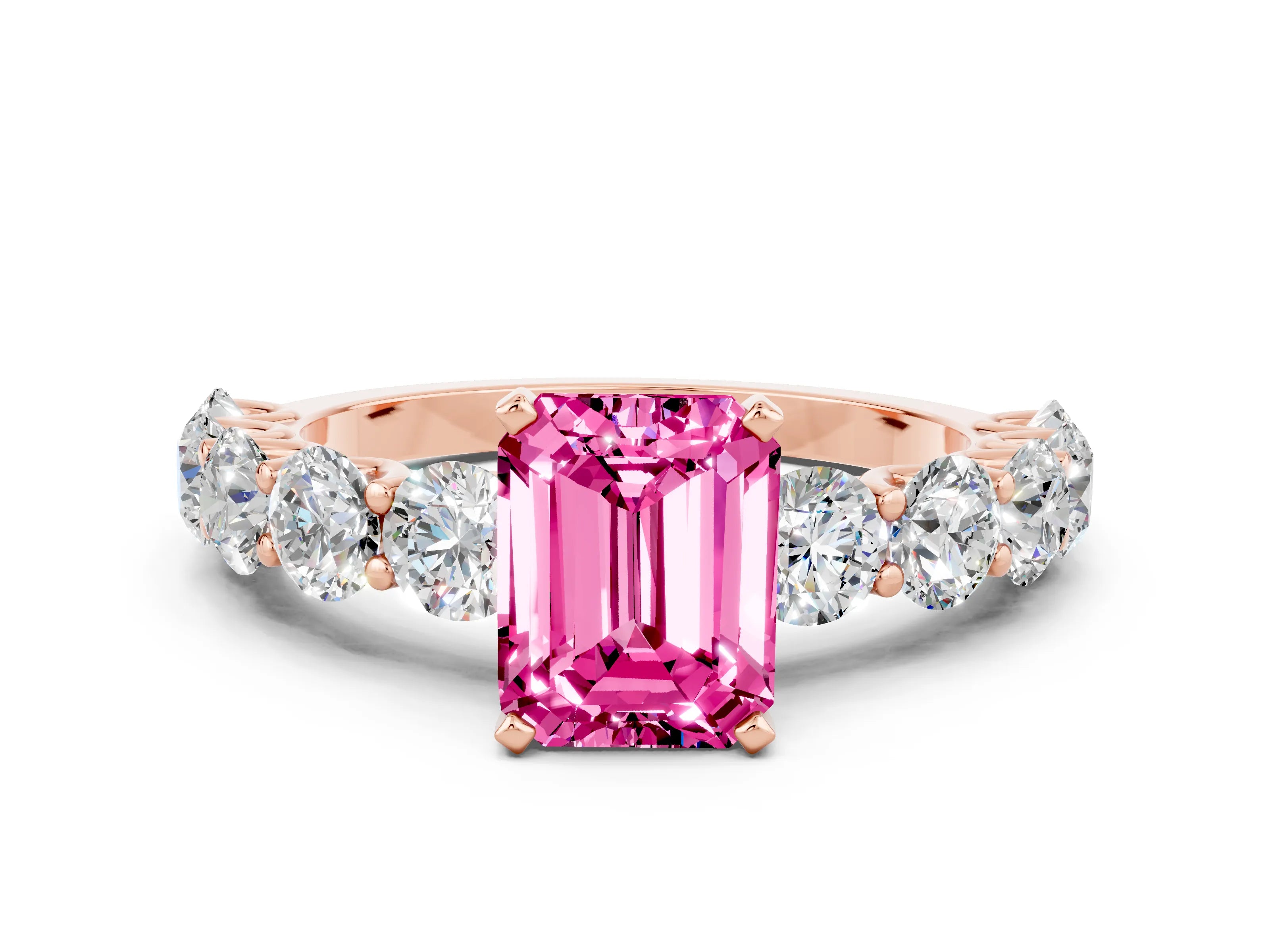 Rose gold Emerald Cut Pink Sapphire Prong Setting with Side Stones on a Pave Band_24