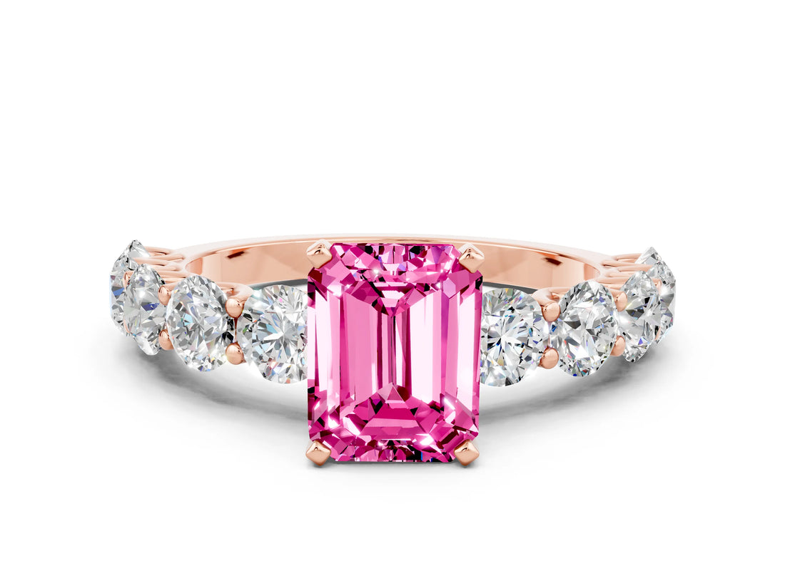 Rose gold Emerald Cut Pink Sapphire Prong Setting with Side Stones on a Pave Band_24