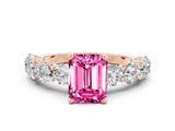 Rose gold Emerald Cut Pink Sapphire Prong Setting with Side Stones on a Pave Band_24
