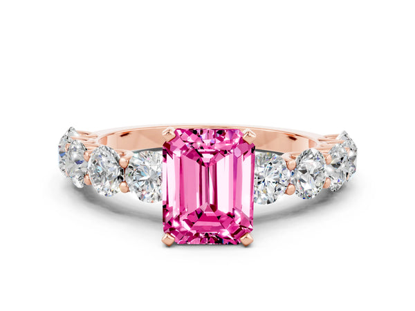 Rose gold Emerald Cut Pink Sapphire Prong Setting with Side Stones on a Pave Band