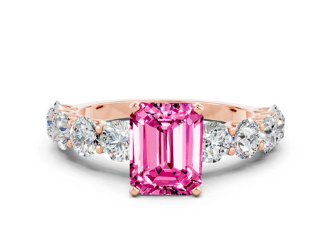Rose gold Emerald Cut Pink Sapphire Prong Setting with Side Stones on a Pave Band_24
