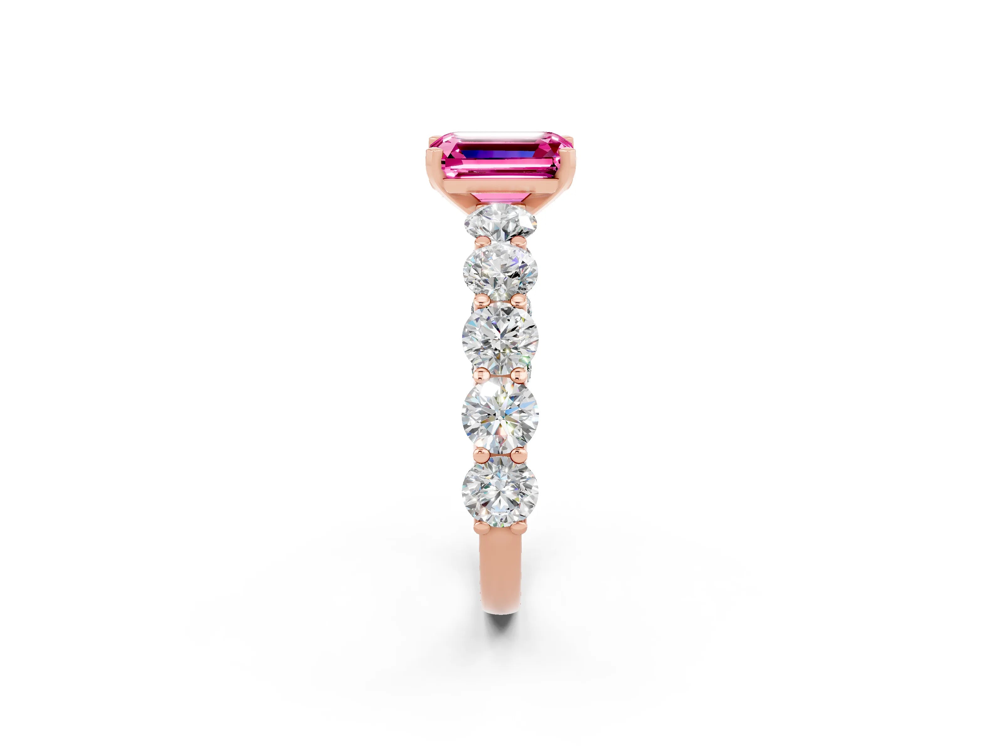 Rose gold Emerald Cut Pink Sapphire Prong Setting with Side Stones on a Pave Band_26