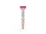Rose gold Emerald Cut Pink Sapphire Prong Setting with Side Stones on a Pave Band_26