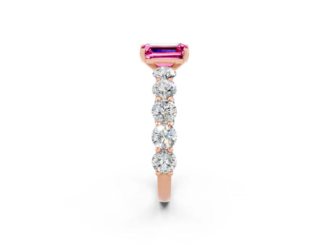 Rose gold Emerald Cut Pink Sapphire Prong Setting with Side Stones on a Pave Band_26