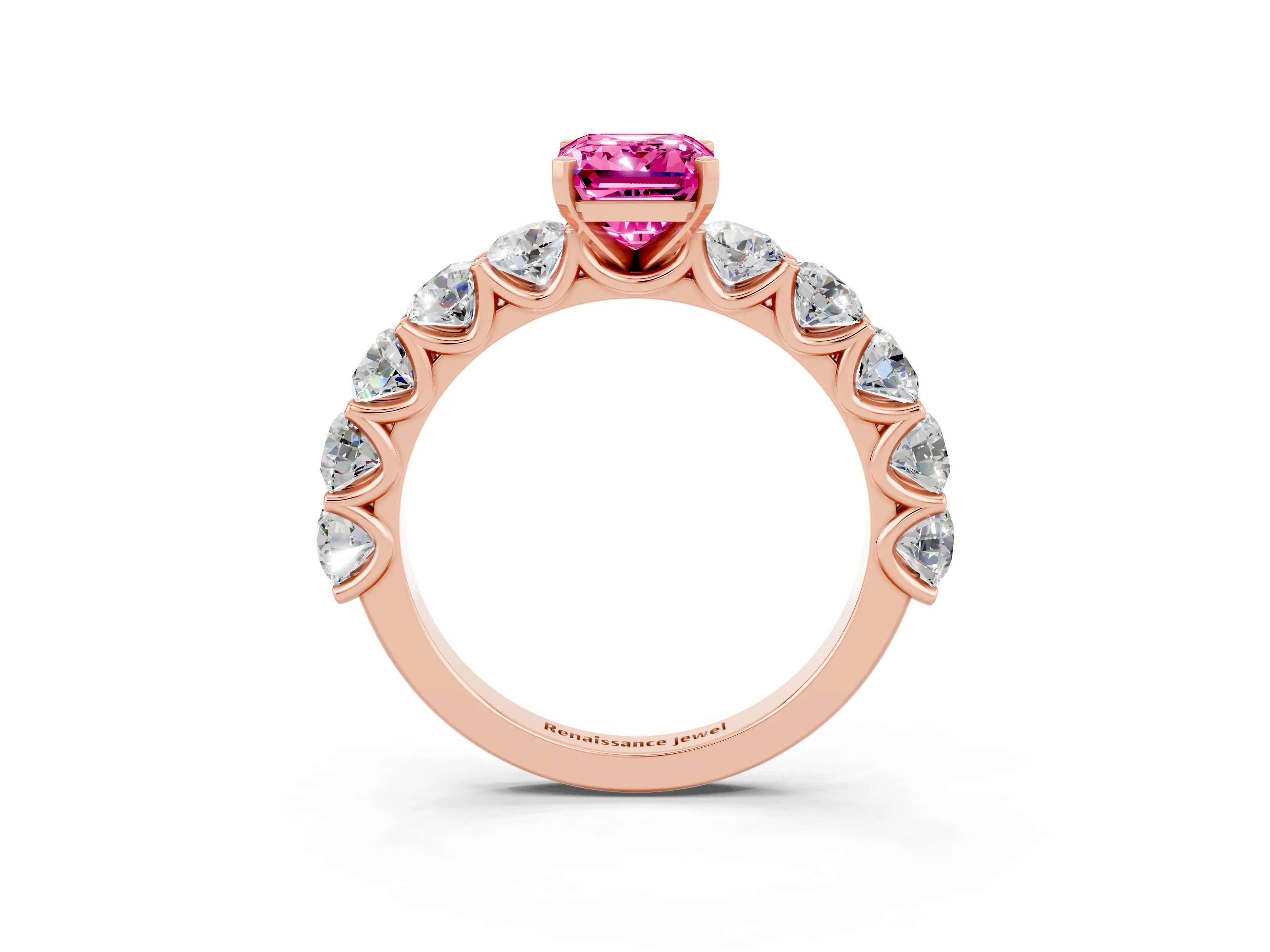 Rose gold Emerald Cut Pink Sapphire Prong Setting with Side Stones on a Pave Band_27