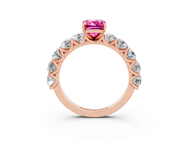 Rose gold Emerald Cut Pink Sapphire Prong Setting with Side Stones on a Pave Band