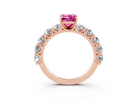 Rose gold Emerald Cut Pink Sapphire Prong Setting with Side Stones on a Pave Band_27