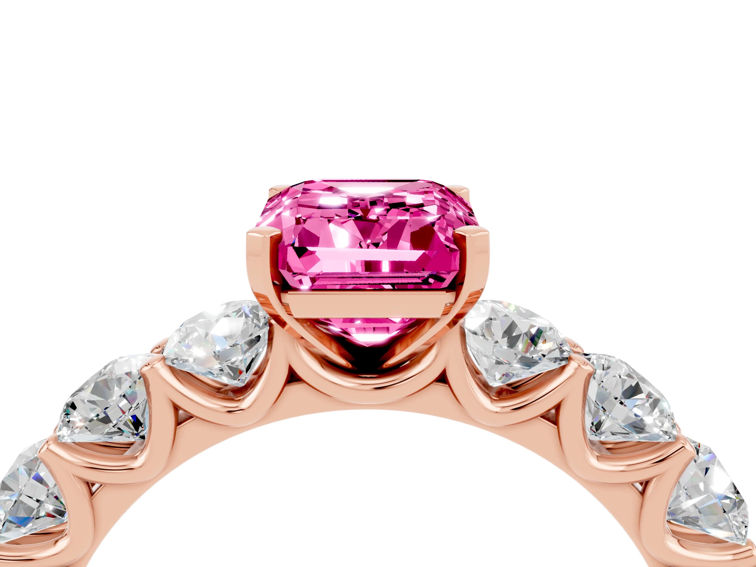 Rose gold Emerald Cut Pink Sapphire Prong Setting with Side Stones on a Pave Band_28